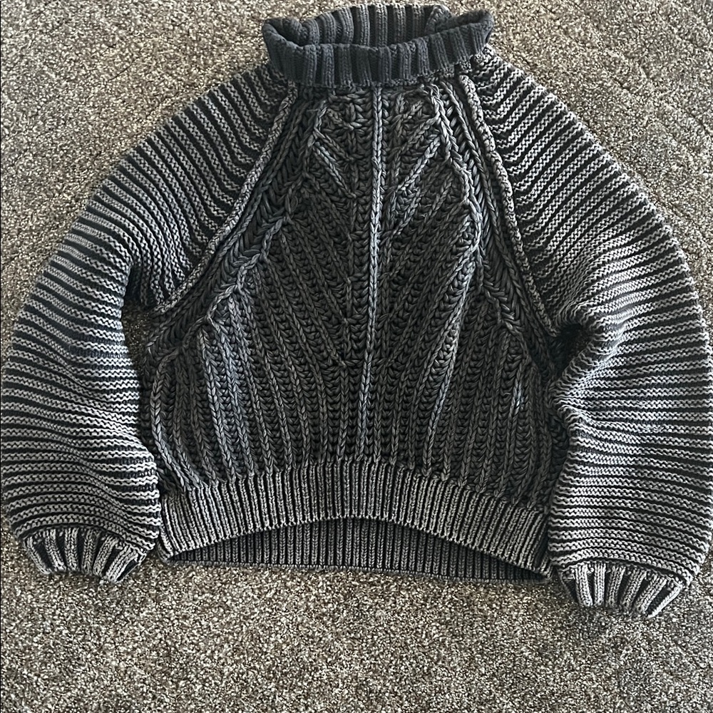 Free People Charcoal Gray Cable Knit Turtleneck Sweater